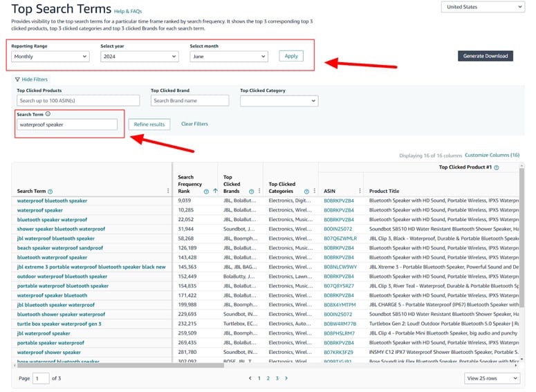 adjust the reporting range in the Amazon Top Search Terms report